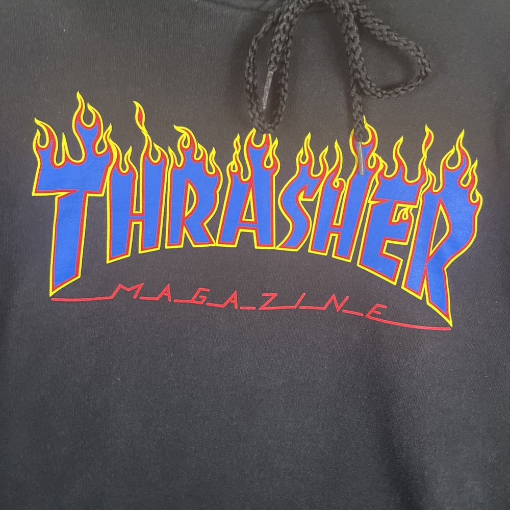 Thrasher Magazine Black With Blue Flame Logo Hoodie Skateboard Y2K SZ Small